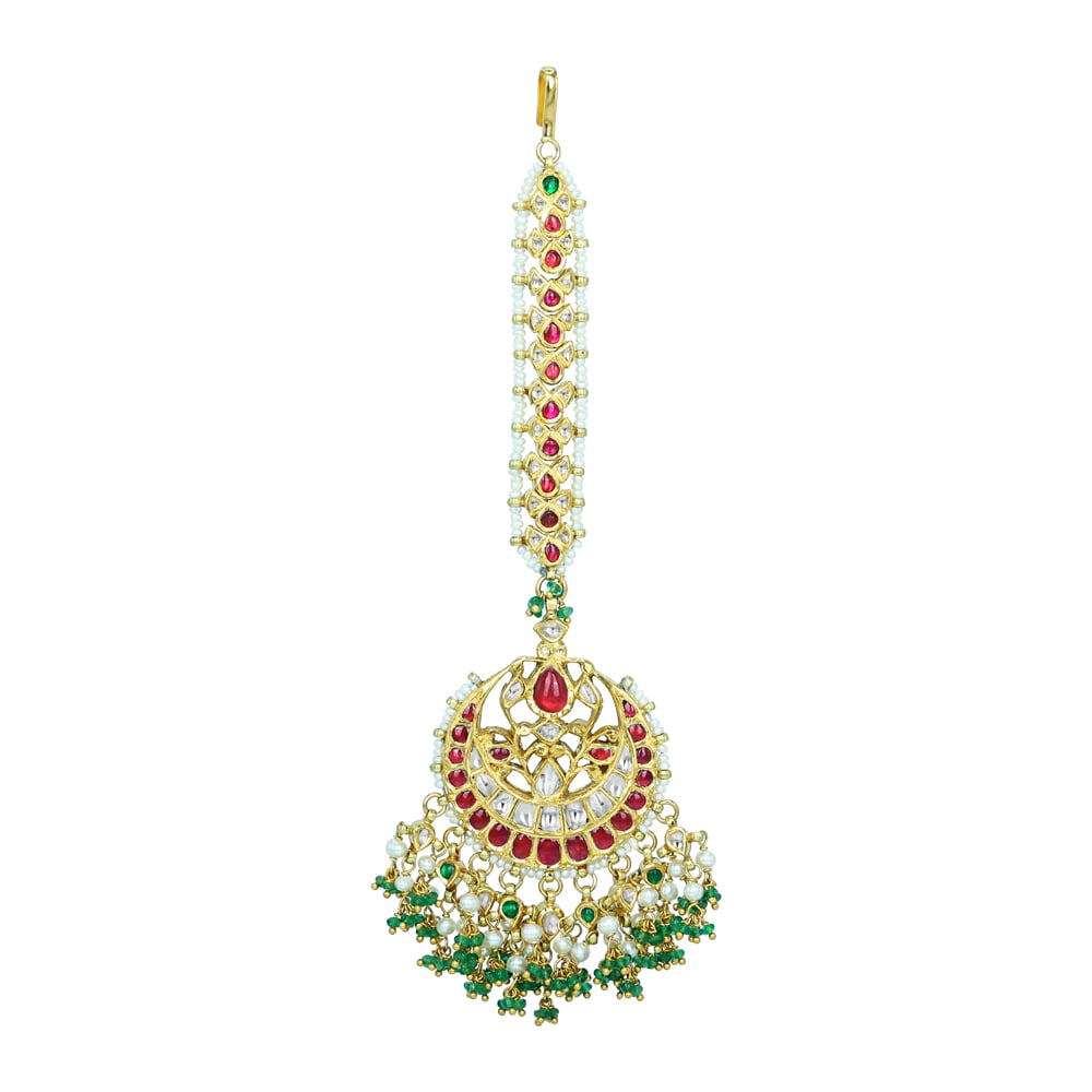 Red and Green Gemstone Mangtikka with Pearl Strands and Drops